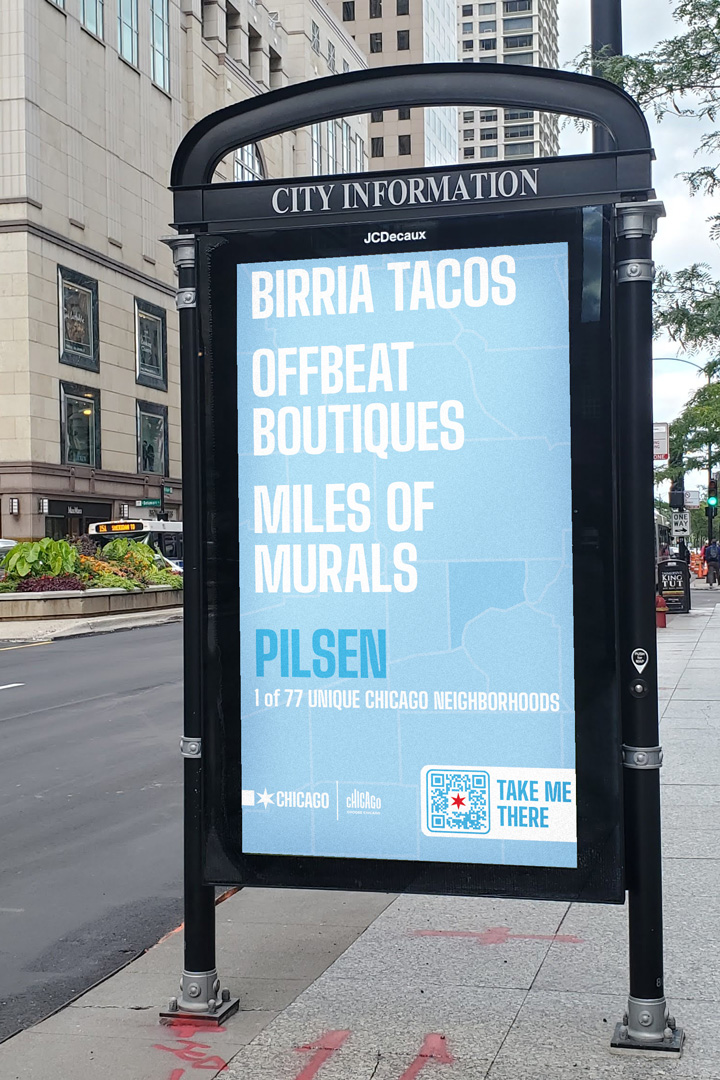 The copy reads: Birria tacos, Offbeat boutiques, Miles of murals. Pilsen.