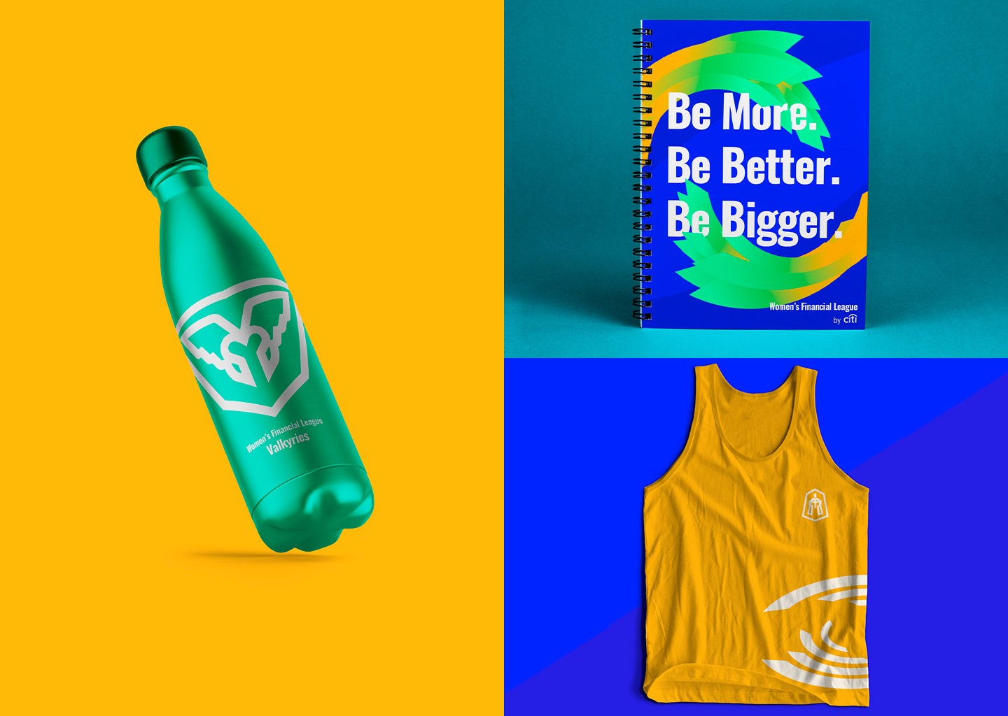 Three prizes that can be won. One is a teal reusable water bottle, another is an orange tank top and the third is a planner. All three branded with the leagues energy swirls and colors.