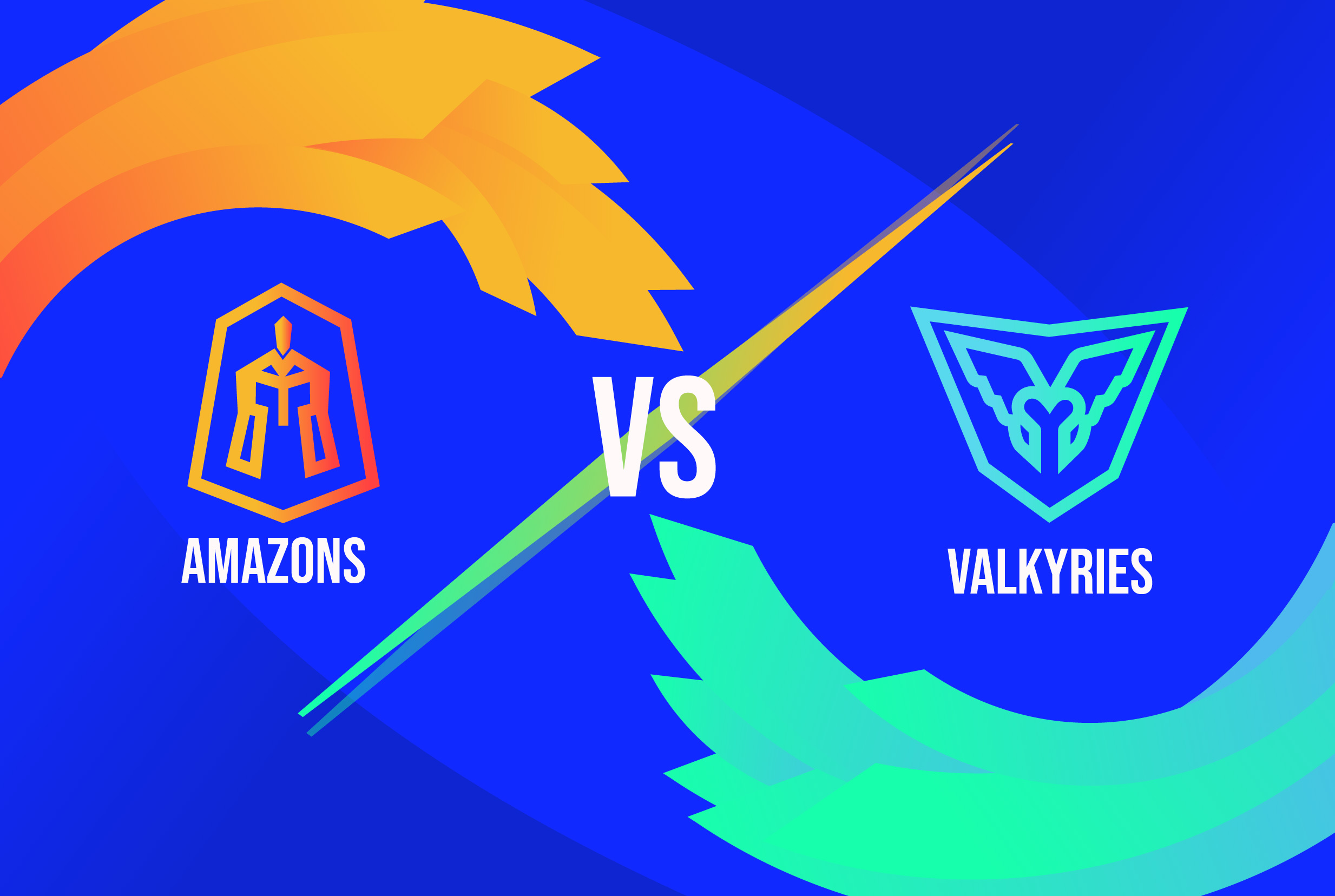 A graphic featuring two logos with a versus symbol in between them. One is of a roman style helmet glowing bright orange and the other is a of a valkyrie helmet glowing neon green. They are surrounded by swirling energy against an electric blue background.