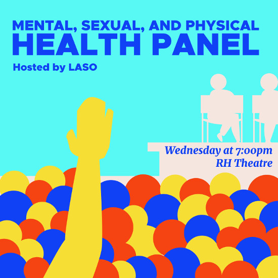 Someone in a crowd of people raising their hand during a panel. The text reads "Mental, Physical, and Sexual Health Panel"