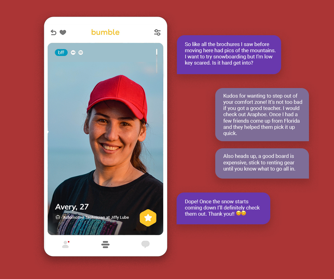 A screenshot of a mock Bumble profile. The profiles name is Avery.
