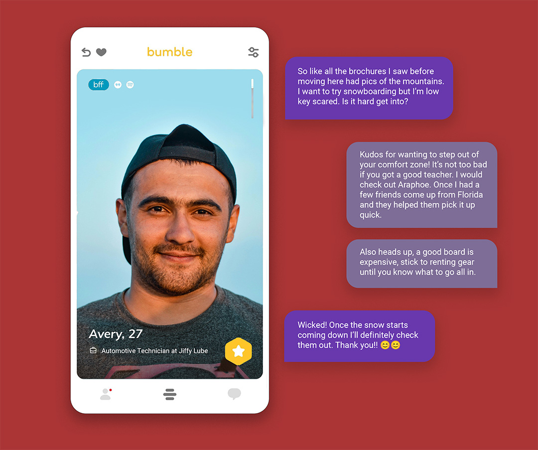 A screenshot of a mock Bumble profile. The profiles name is Avery.