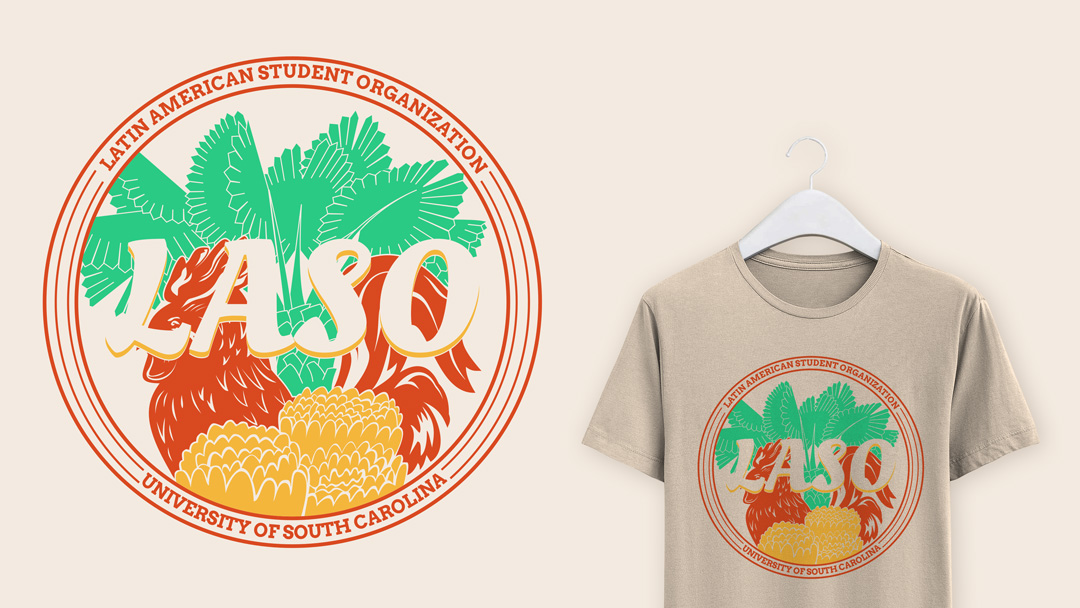 A red rooster standing behind organge flowers and in front of a green palm tree. Wrapped around the objects are the words "Latin American Student Organization - University of South Carolina"