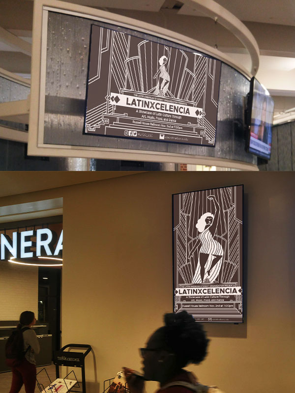A vertical and horizontal version of the poster on two digital displays.