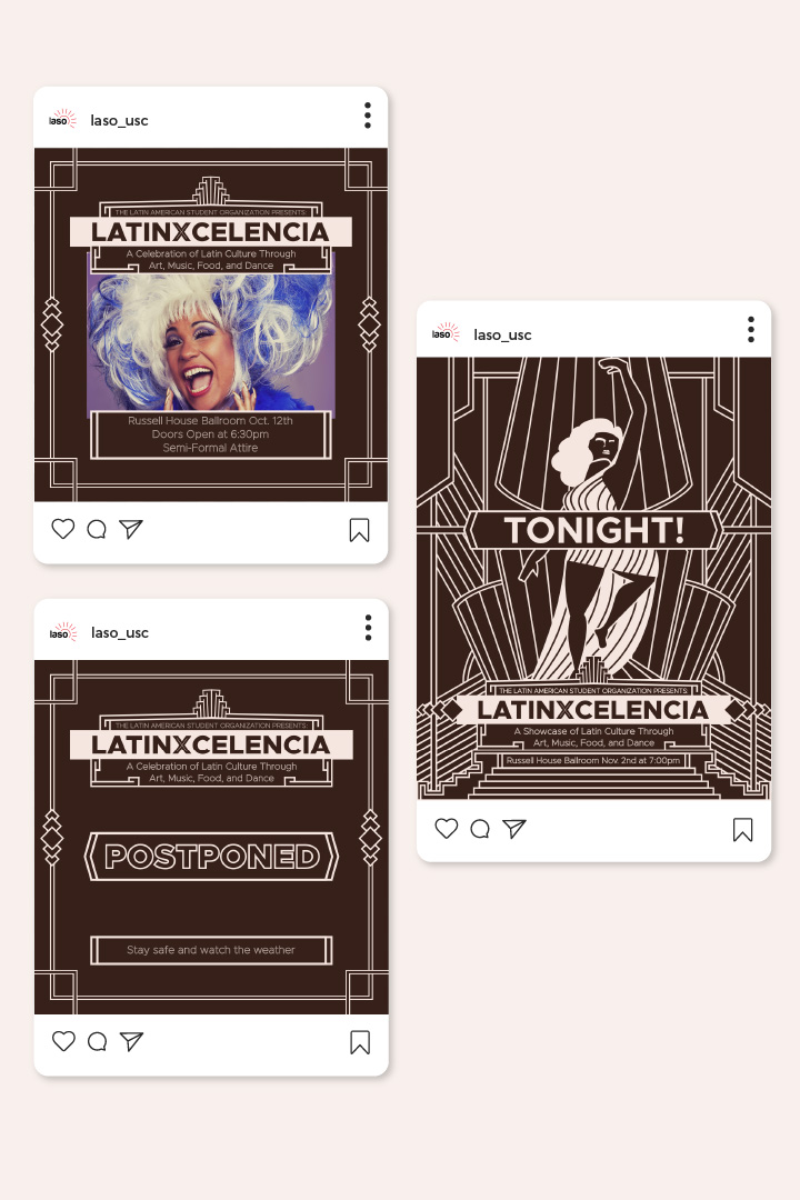 Three instagram posts in the same art deco style promoting LatinXcelencia.