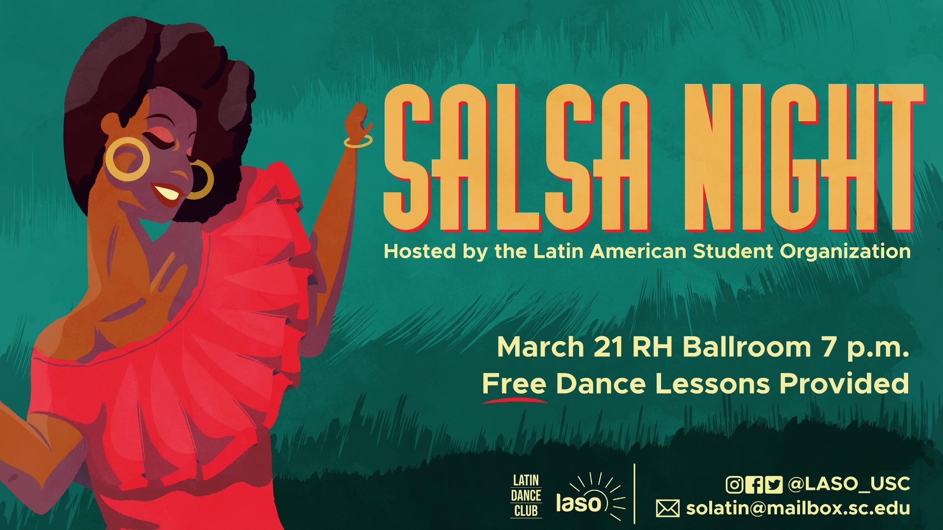 Poster of a dancing woman in a red dress against a green background promoting an event called Salsa Night