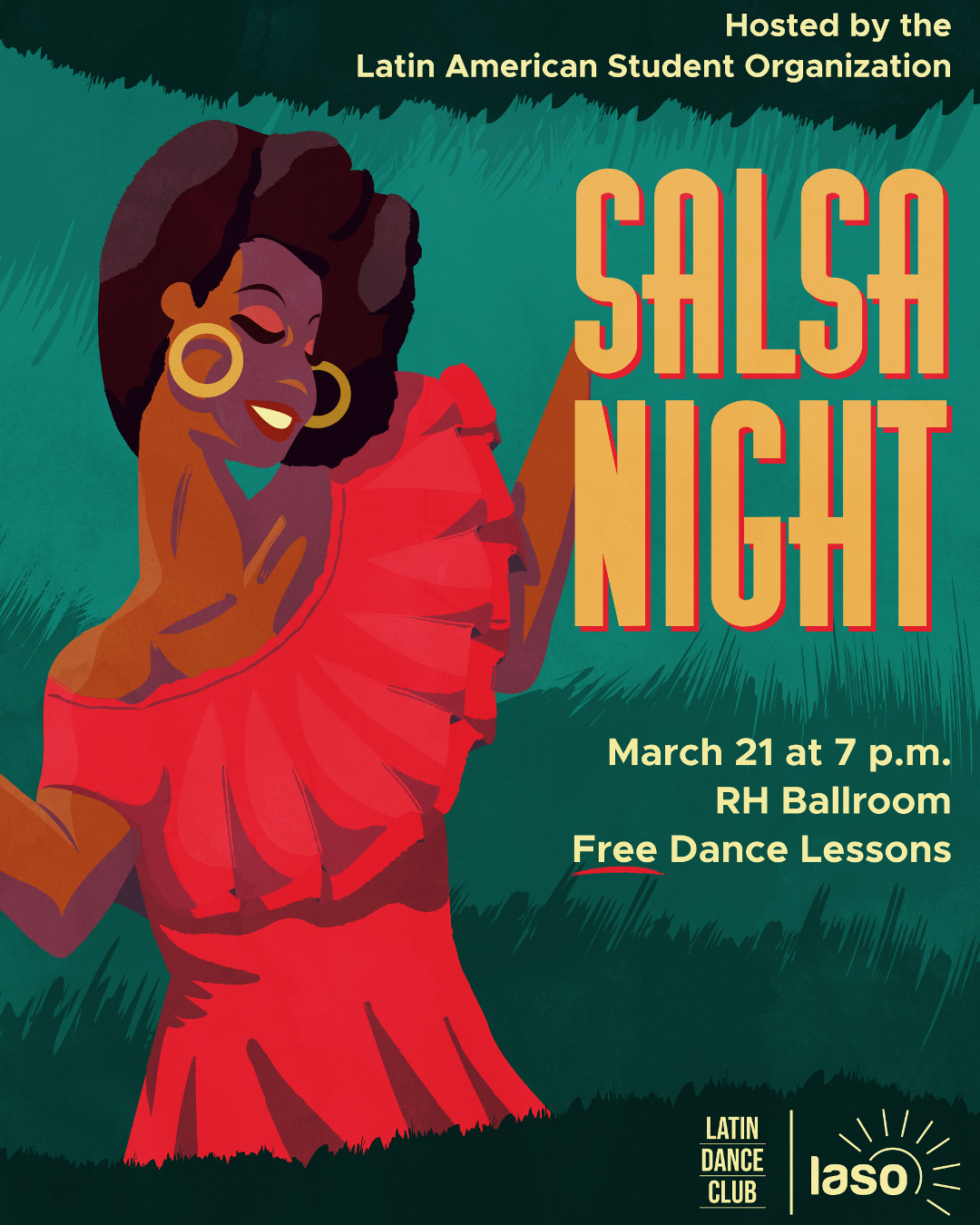 Poster of a dancing woman in a red dress against a green background promoting an event called Salsa Night