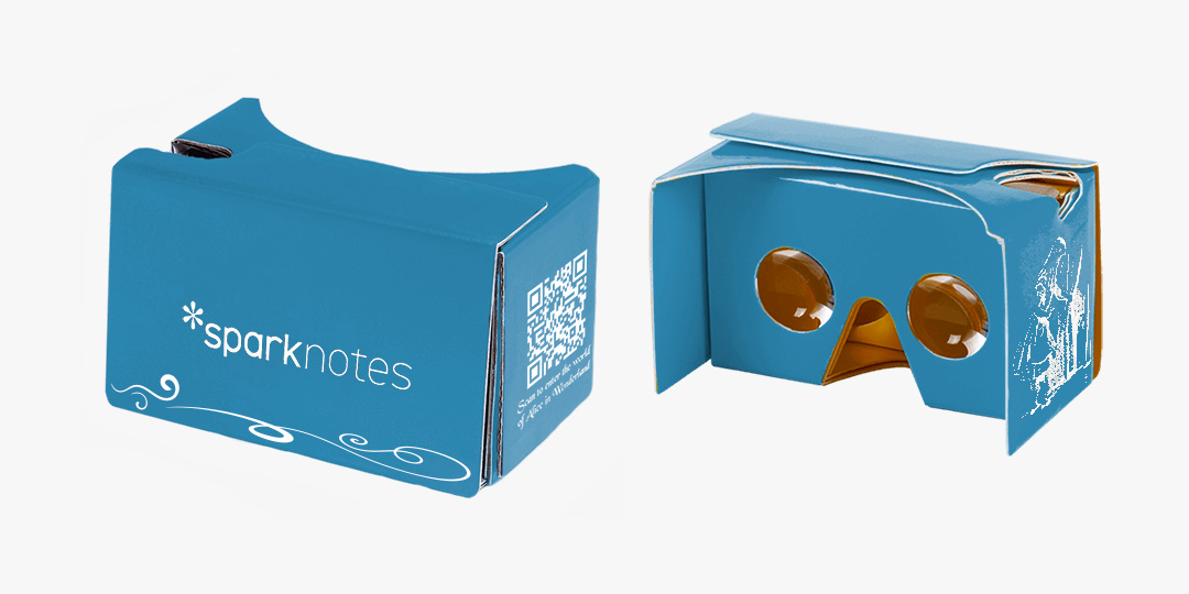 A mock-up of branded google cardboard VR headset.