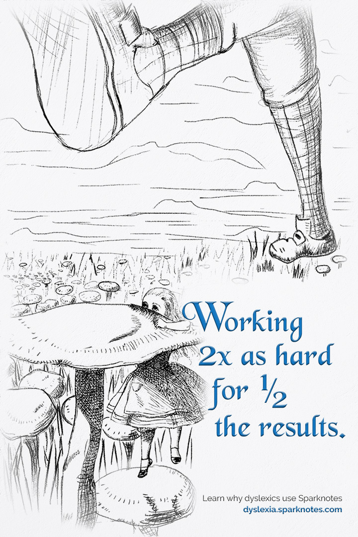 Alice is struggling to climb over a mushroom while a normal sized person walks easily across a field of mushrooms with giant strides. With the headline, Working 2x as hard for 1/2 the results.